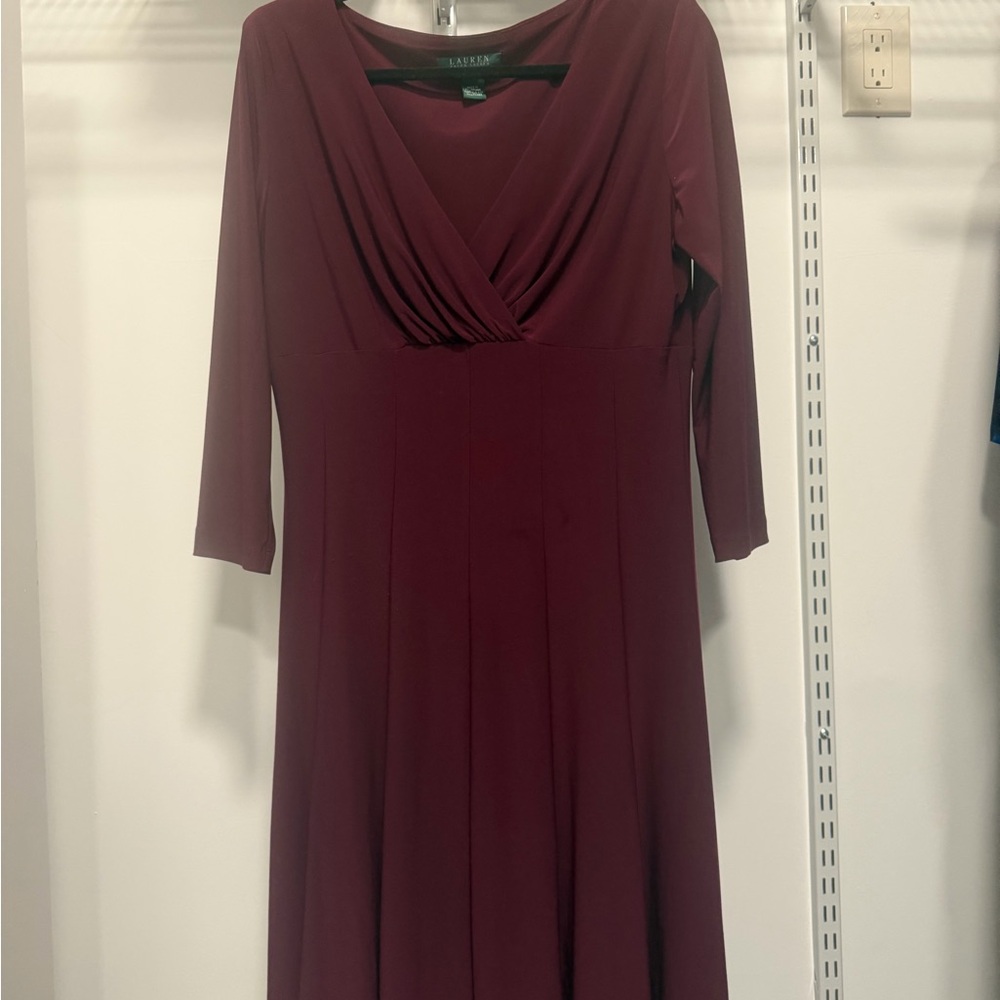 Lauren Ralph Lauren Burgundy Long-Sleeve Faux-Wrap A-Line Dress